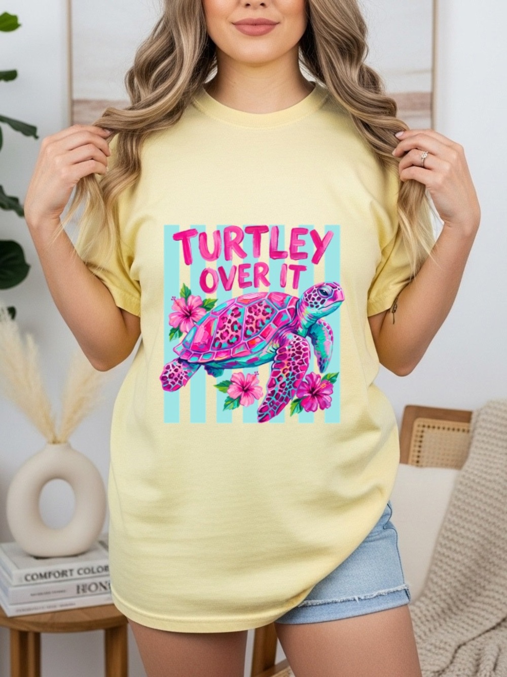 Comfort Colors Pale Yellow Graphic Tee with Pink & Teal Turtle